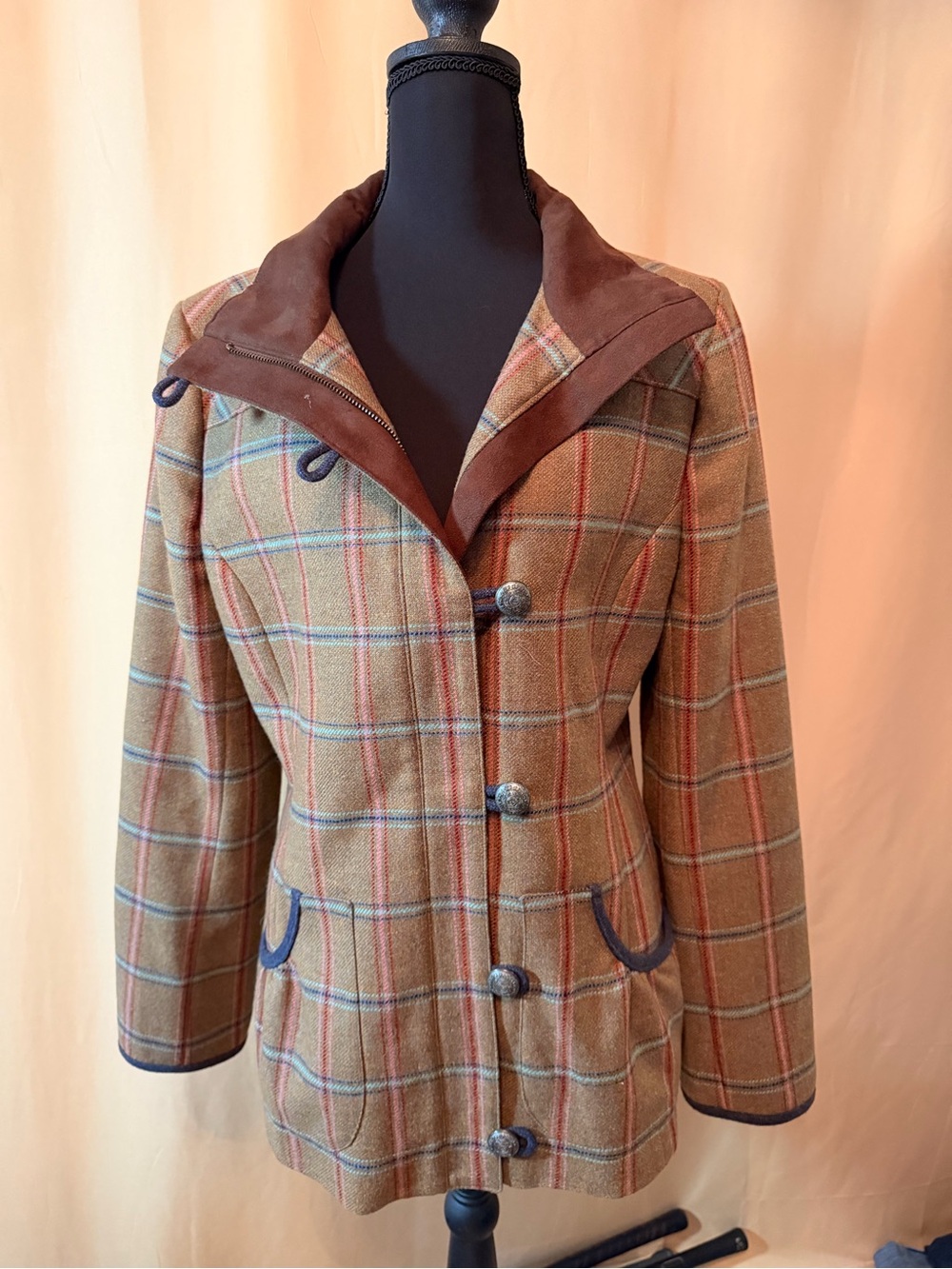 Dubarry of Ireland Tan Plaid Wool jacket with Brown Suede Trim